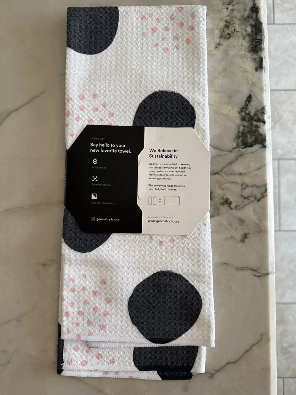 Geometry Kitchen Tea Towel - White with Black and Pink Dot Design